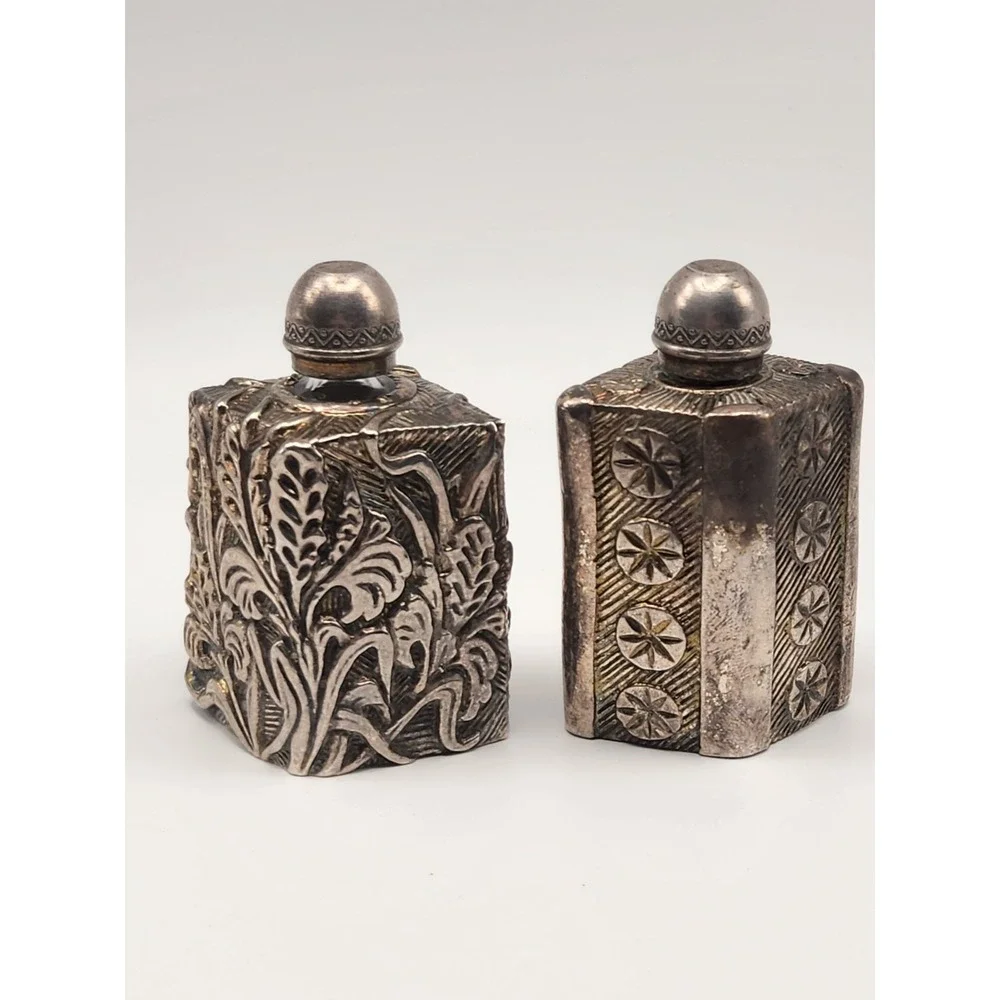 Vintage Silver Tone Repousse Floral Metal‎ Perfume Bottles Set of 2 Botanical - Picture 4 of 7